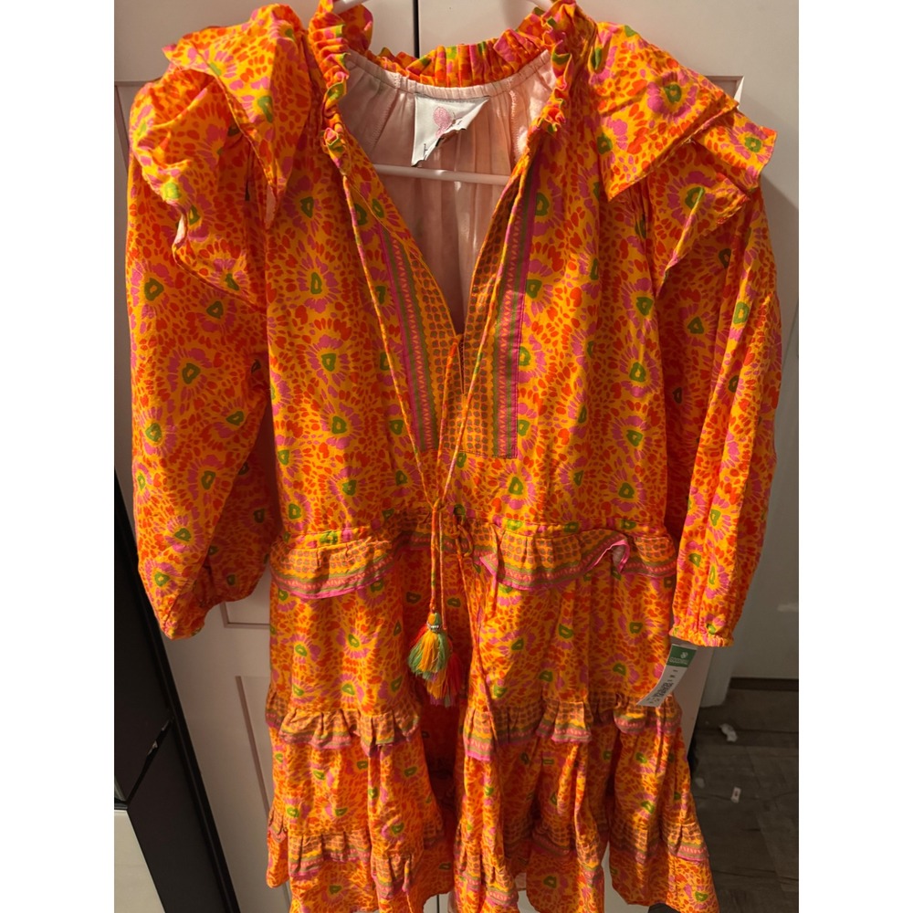 Bella Tu Orange Pink Floral Ruffle Tiered Mini Dress Tassel Tie Womens Small